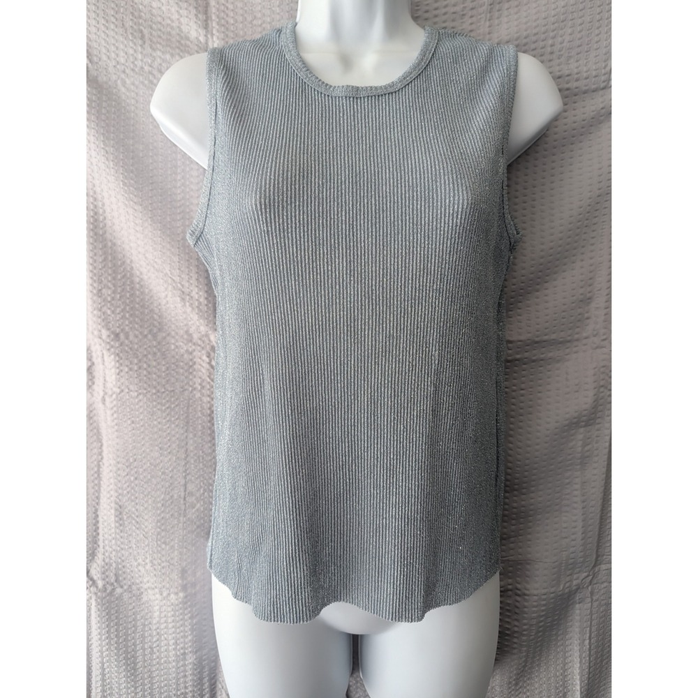 Plisse Silver Blue Metallic Ribbed Sleeveless Knit Top Crew Neck Large L